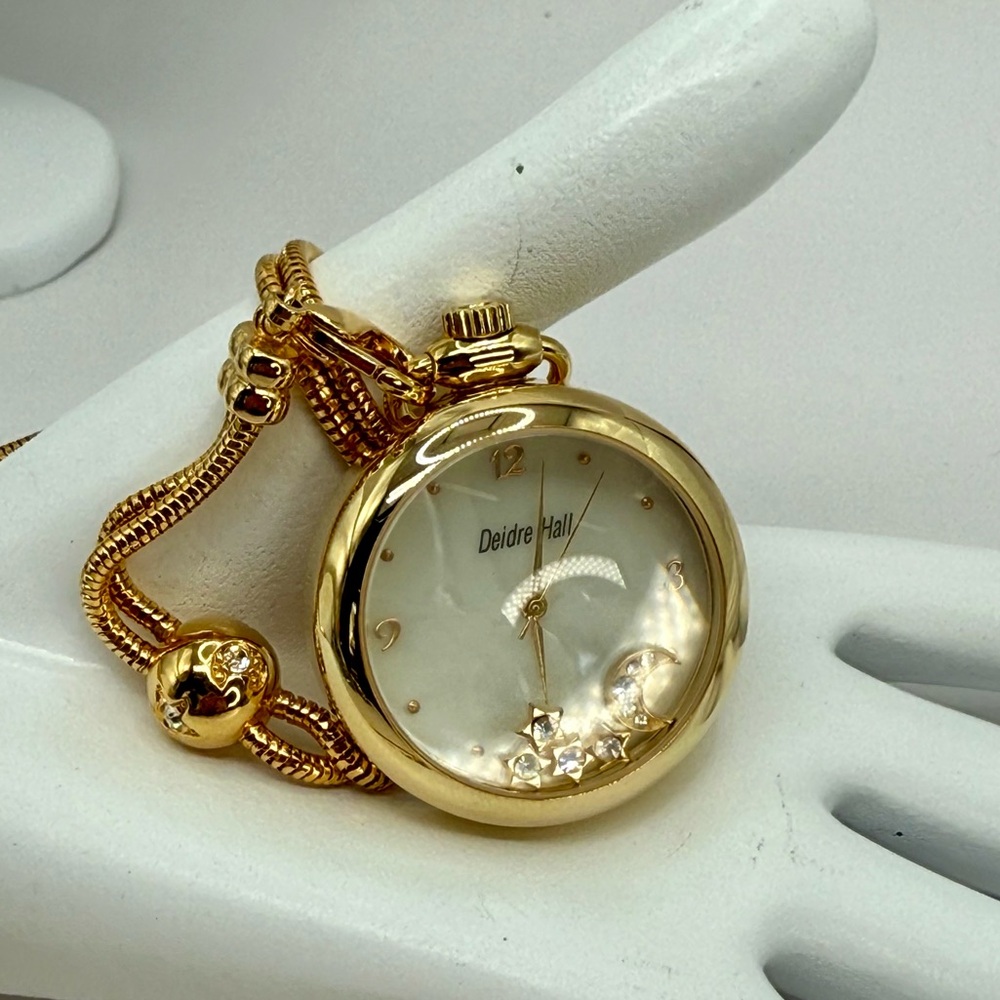 Deidre Hall Pocket Watch Necklace Crystal Accent Moon & Stars Charms MOP Face - Picture 7 of 17